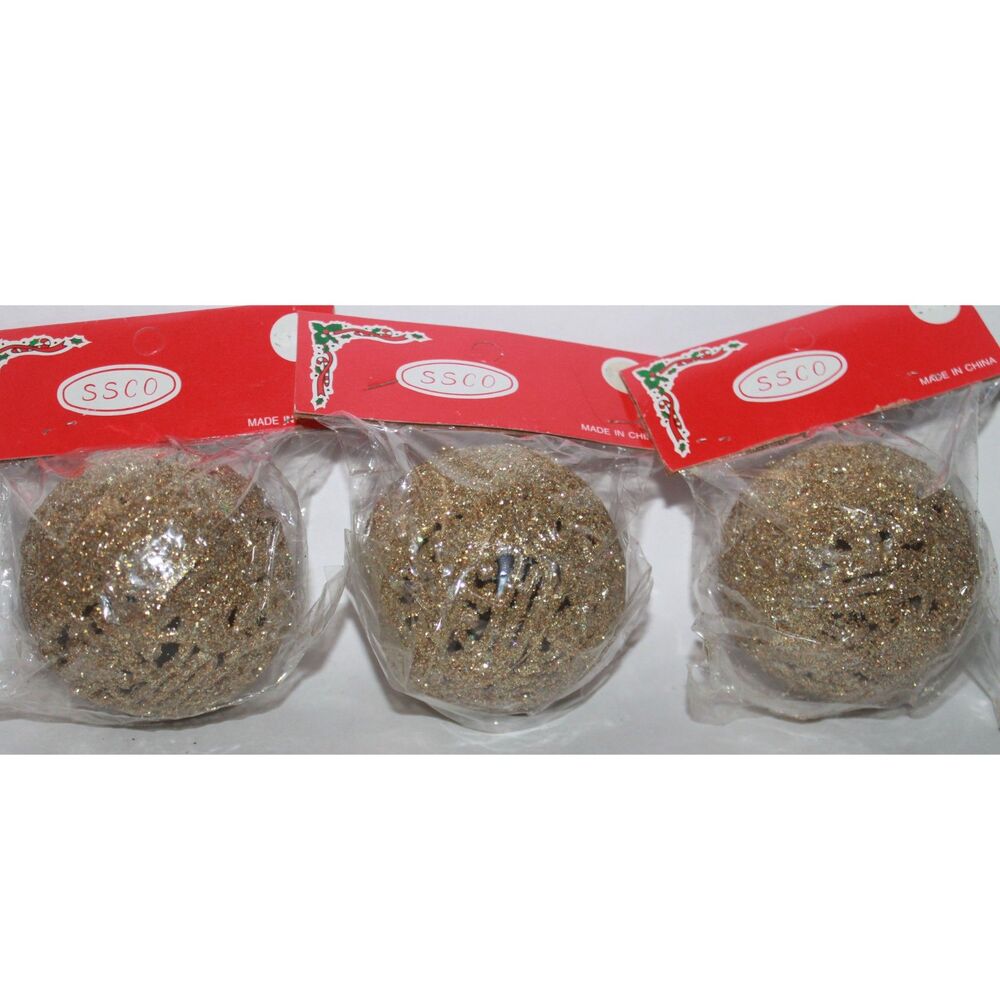 Vintage New 3PC Plastic Gold Glitter Filigree Cut Out Ball Ornaments